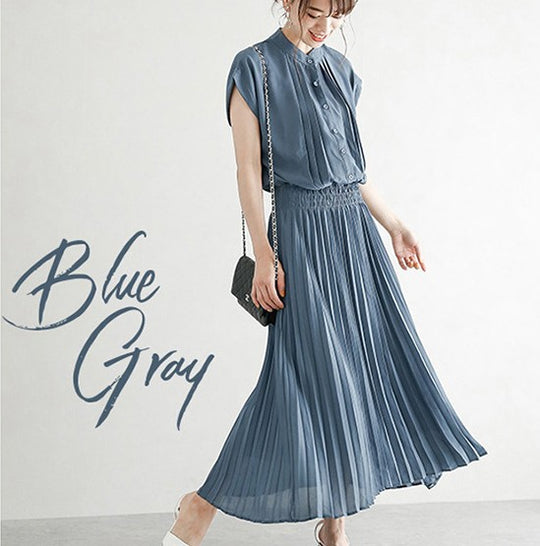 New Elegant Japanese Style Dress Comfortable Waist Trimming Short-sleeved Chiffon Dress Women - Onouthati