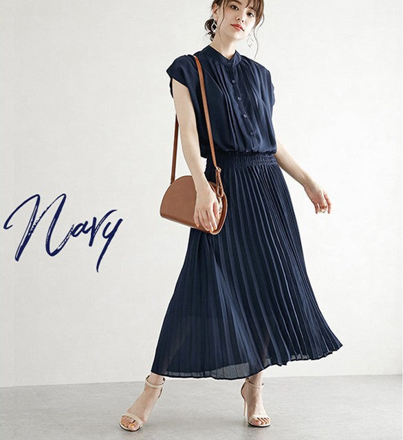 New Elegant Japanese Style Dress Comfortable Waist Trimming Short-sleeved Chiffon Dress Women - Onouthati