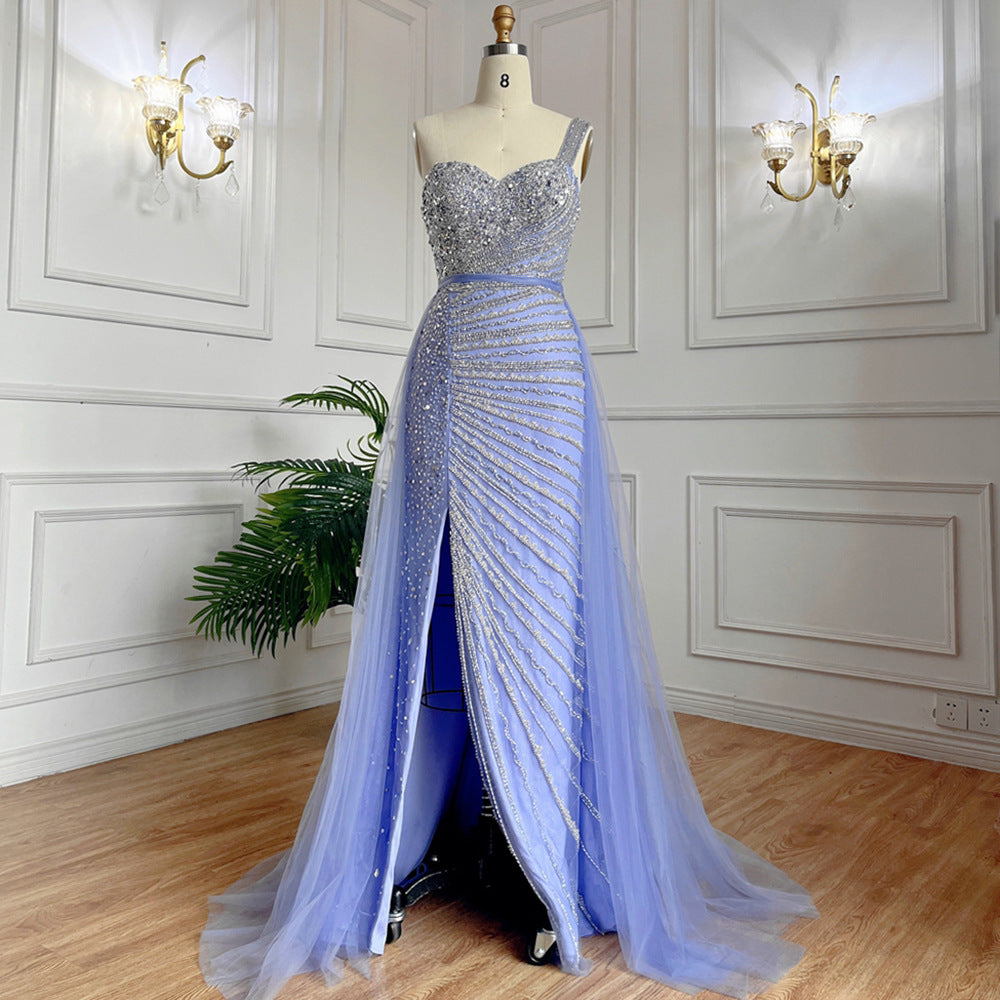 Blue Handmade Beaded Split Shoulder Fishtail Dress - Onouthati