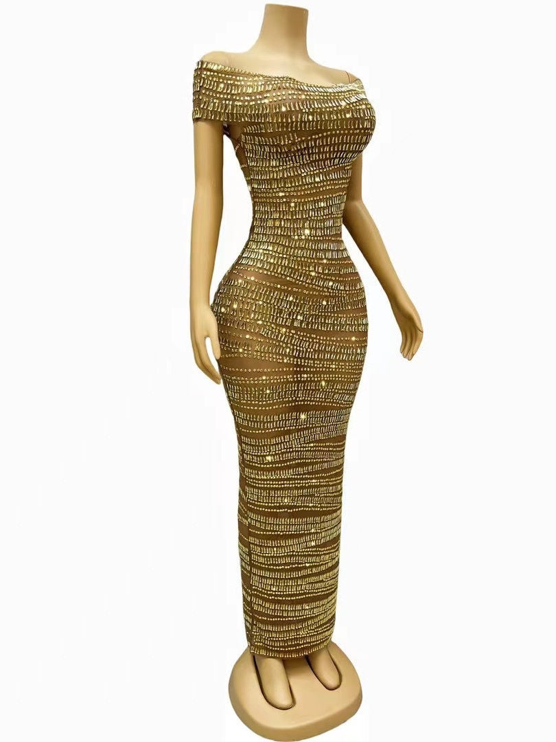 Sexy Luxury Shiny Rhinestone Dress Performance Costume Party Evening Dress - Onouthati