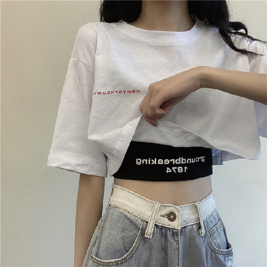 Two-Piece Set Crop-top Short Top Loose High Waist T-shirt Women - Onouthati