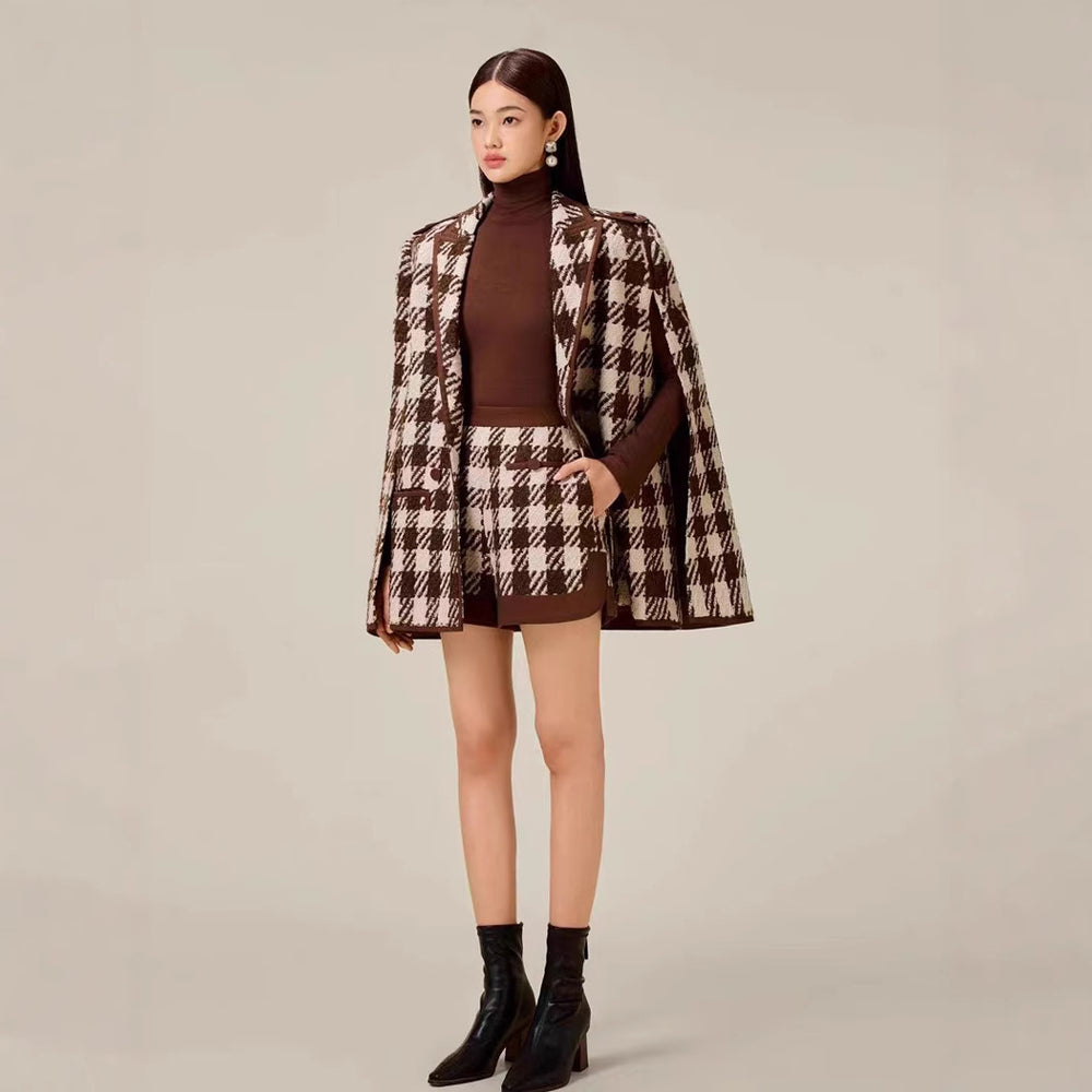 Houndstooth Woolen Cape Coat Shorts - Onouthati