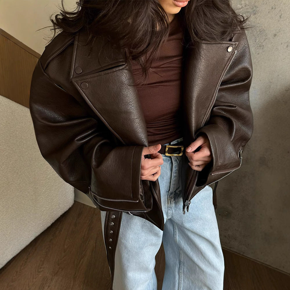 Lady Temperament Short Lace Up Leather Coat - Onouthati