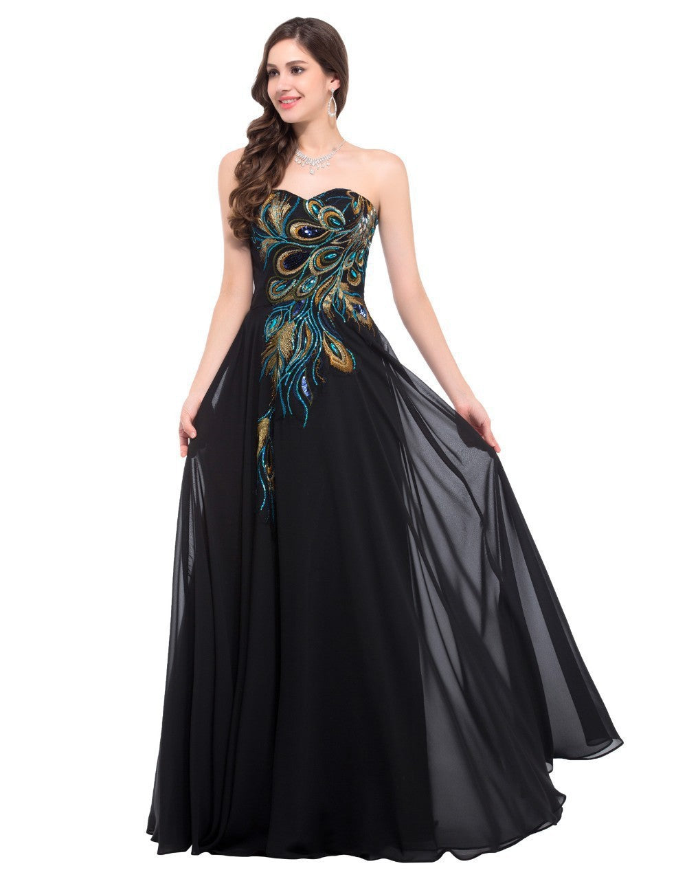 Embroidered Peacock Heart Collar Dress Chiffon - Onouthati