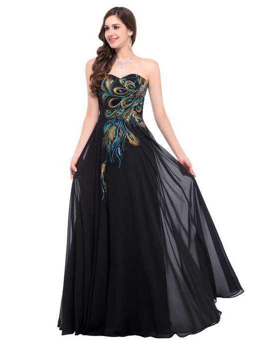 Embroidered Peacock Heart Collar Dress Chiffon - Onouthati
