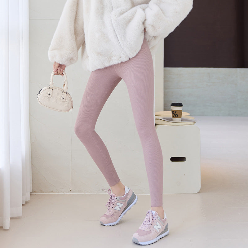Pure Cotton Fleece-lined Thick Autumn And Winter Threaded Underwear Leggings Women's High Waist High Elastic Warm - Onouthati