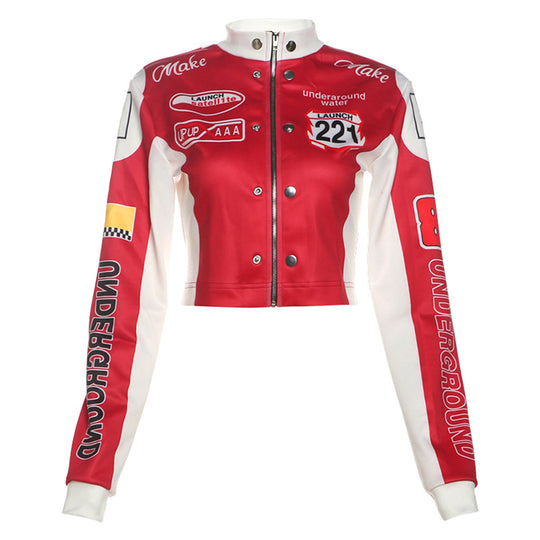 Women's Cropped Printed Long Sleeve Baseball Uniform Coat - Onouthati
