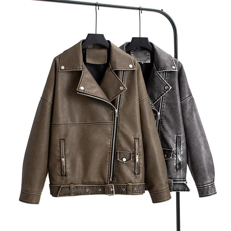 European And American Style Washed PU Leather Jacket Women - Onouthati