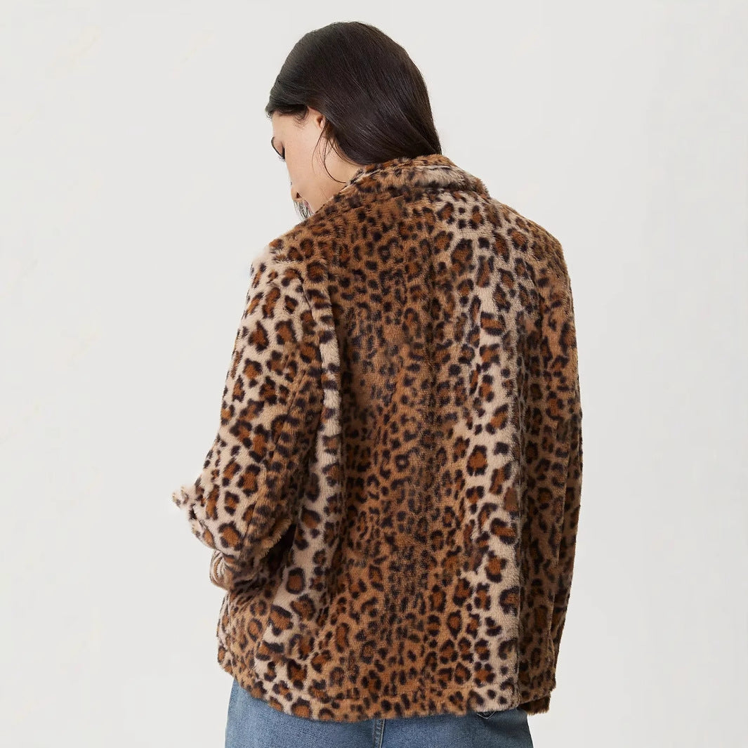 Women's Buckle Lapel Thickening Leopard Print Coat - Onouthati