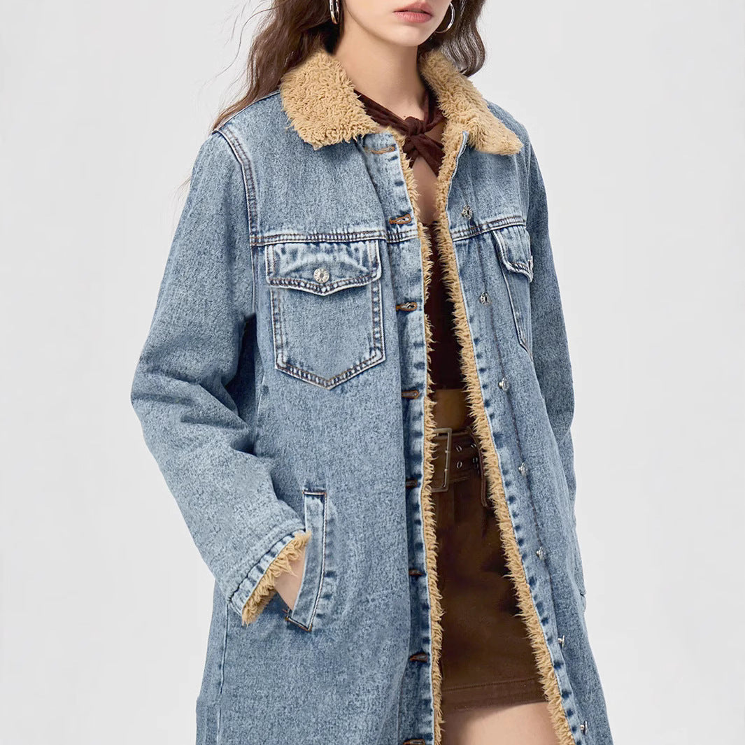 European And American Loose Long Velvet Lining Cotton-padded Coat Denim Coat - Onouthati