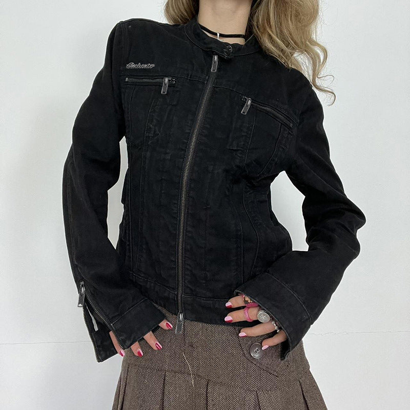 Washed-out Vintage Denim Jacket Simple Casual Zipper Pocket All-matching Long Sleeve Coat - Onouthati