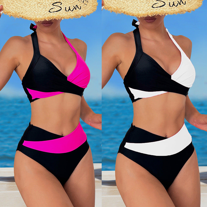 Halter Color Matching High Waist Bikini Split Swimsuit - Onouthati