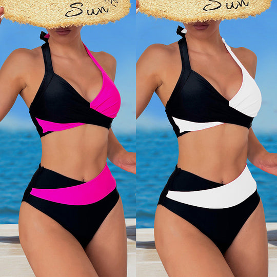 Halter Color Matching High Waist Bikini Split Swimsuit - Onouthati