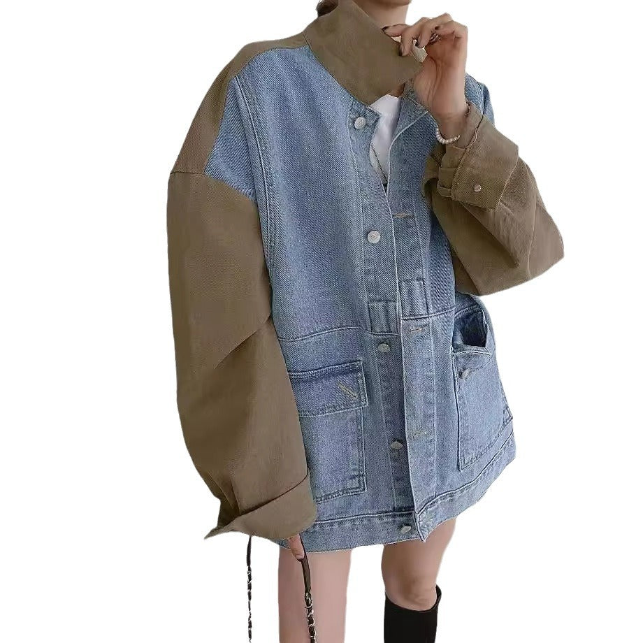All-matching Fashion Color Contrast Stitching Denim Baggy Coat Women - Onouthati