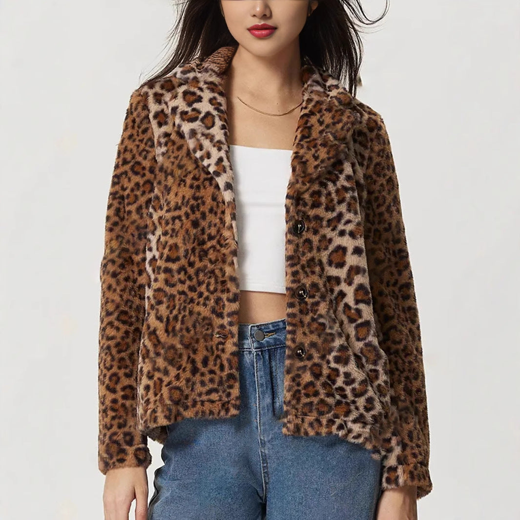 Women's Buckle Lapel Thickening Leopard Print Coat - Onouthati
