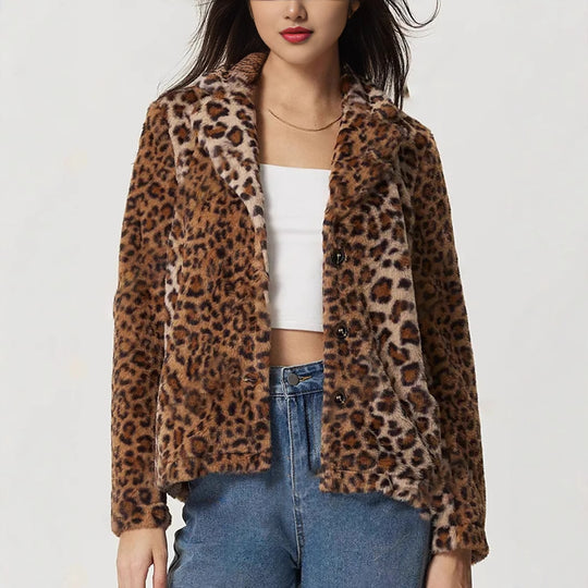 Women's Buckle Lapel Thickening Leopard Print Coat - Onouthati