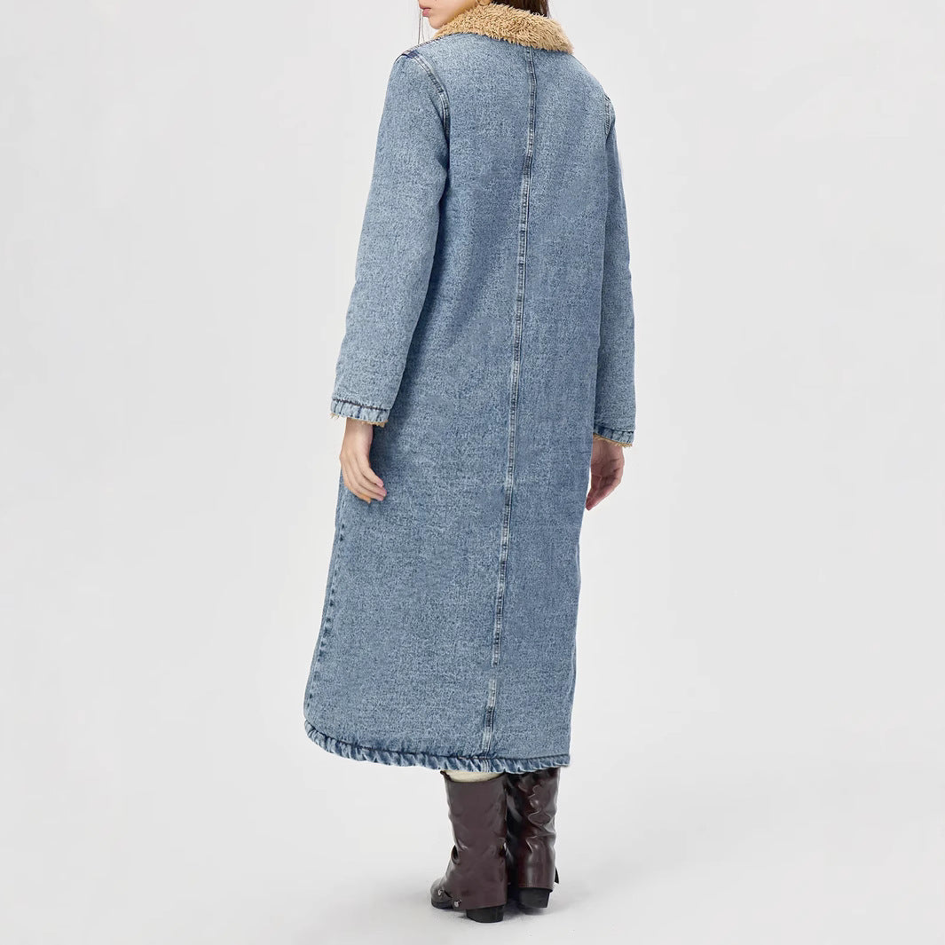 European And American Loose Long Velvet Lining Cotton-padded Coat Denim Coat - Onouthati