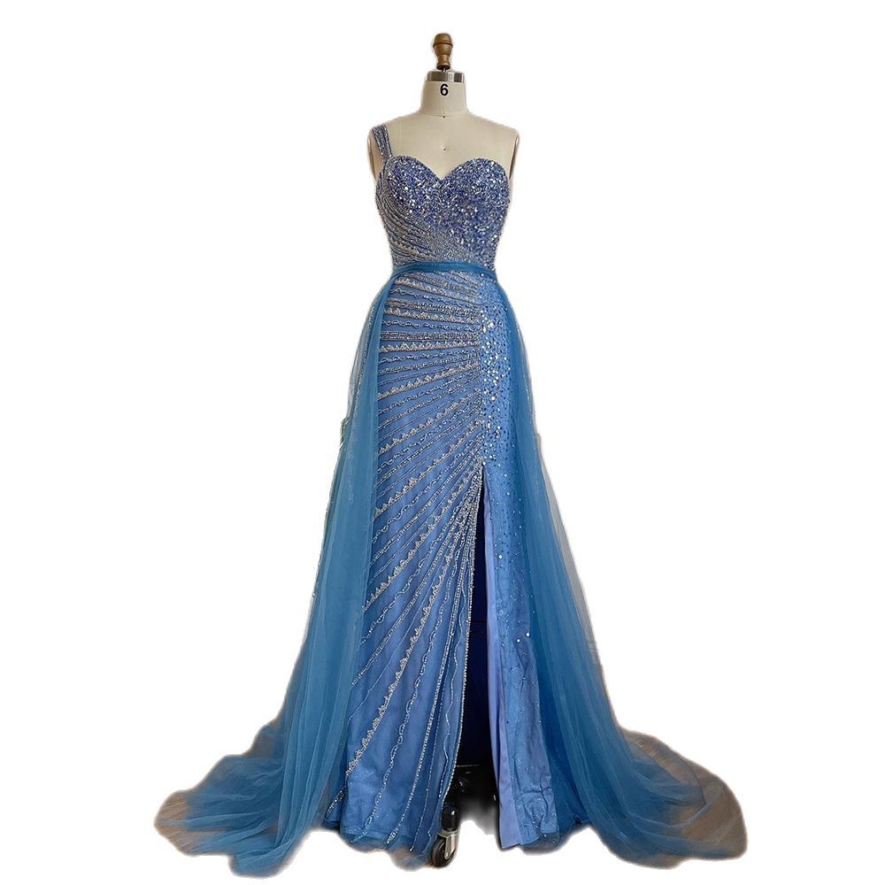 Blue Handmade Beaded Split Shoulder Fishtail Dress - Onouthati