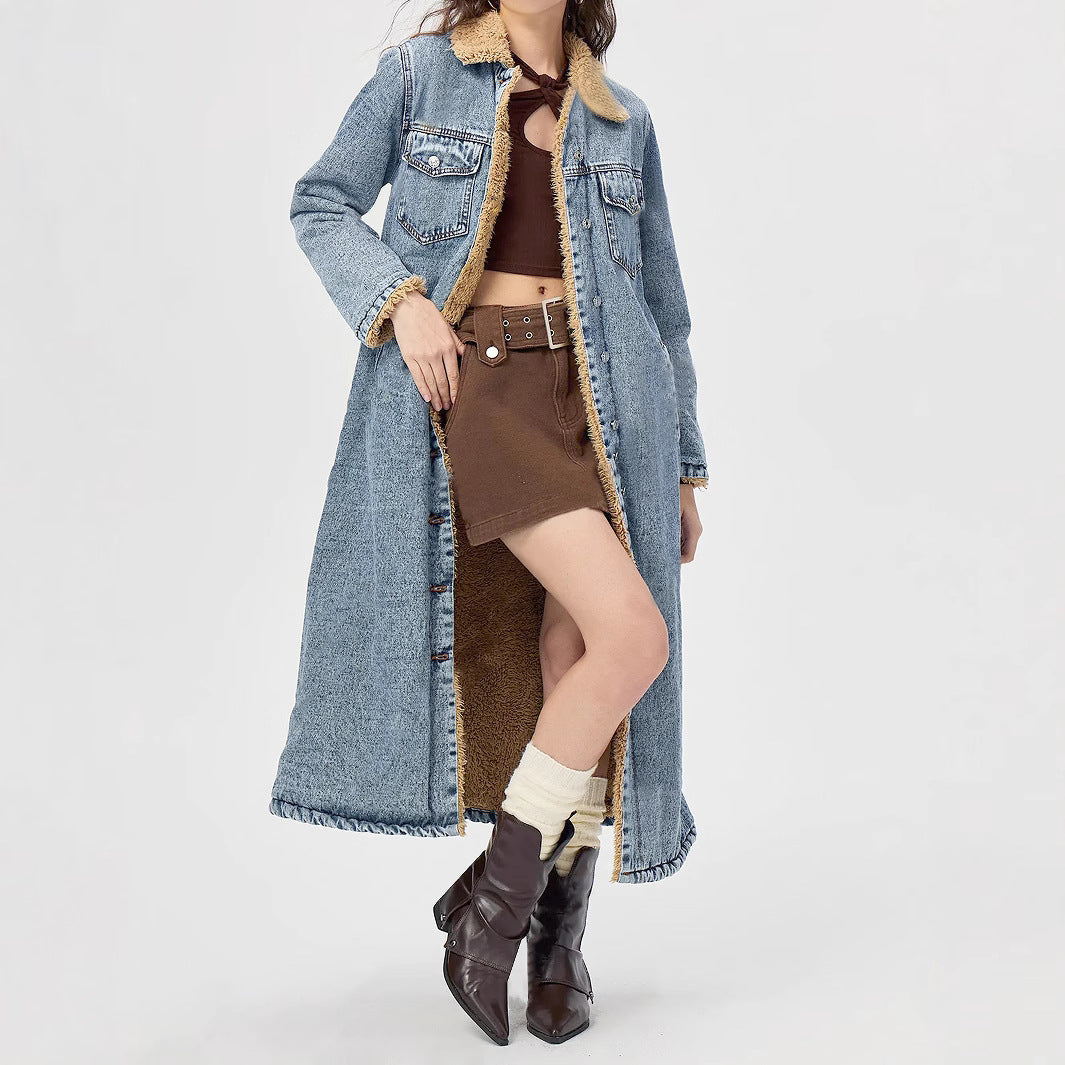 European And American Loose Long Velvet Lining Cotton-padded Coat Denim Coat - Onouthati