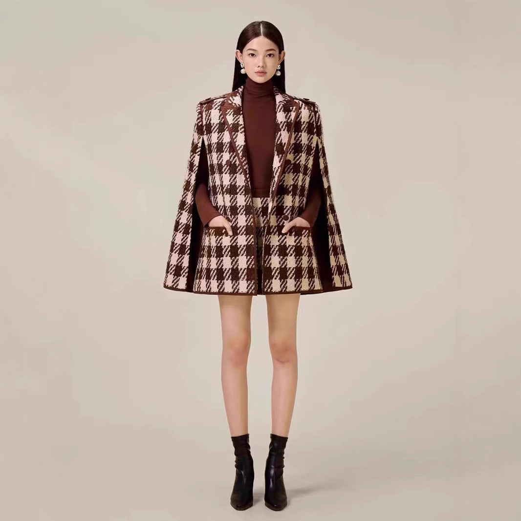 Houndstooth Woolen Cape Coat Shorts - Onouthati