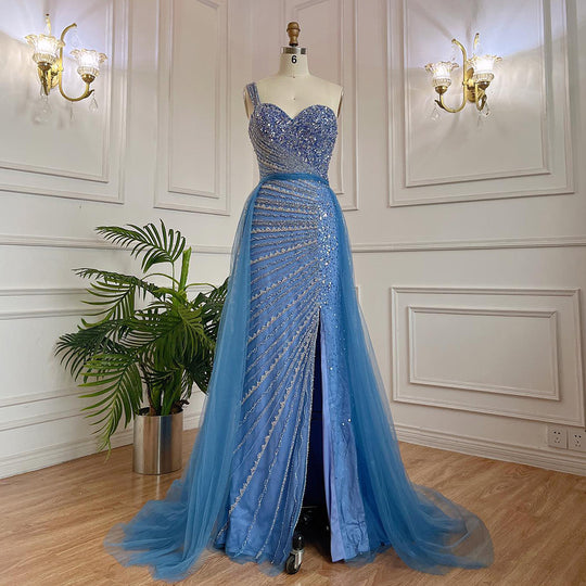 Blue Handmade Beaded Split Shoulder Fishtail Dress - Onouthati