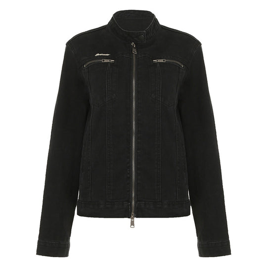 Washed-out Vintage Denim Jacket Simple Casual Zipper Pocket All-matching Long Sleeve Coat - Onouthati