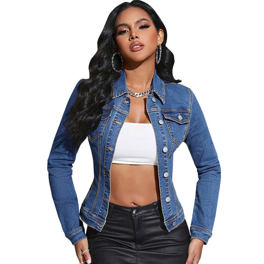 Long Sleeve Lapel Pocket Denim Jacket - Onouthati