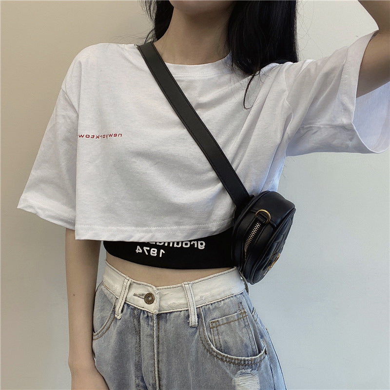Two-Piece Set Crop-top Short Top Loose High Waist T-shirt Women - Onouthati