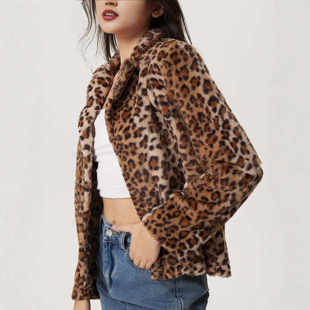 Women's Buckle Lapel Thickening Leopard Print Coat - Onouthati