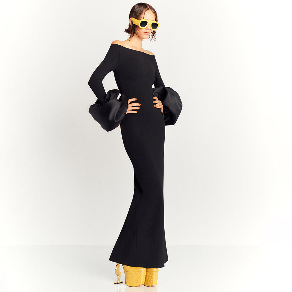 Dress Red And Black Slim-fit Long Sleeve French Lantern Sleeve Dress - Onouthati