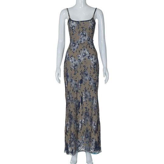 Fashion Dyed Printing Stitching Hollow Back Strap Elegant Style Long Dress Women - Onouthati