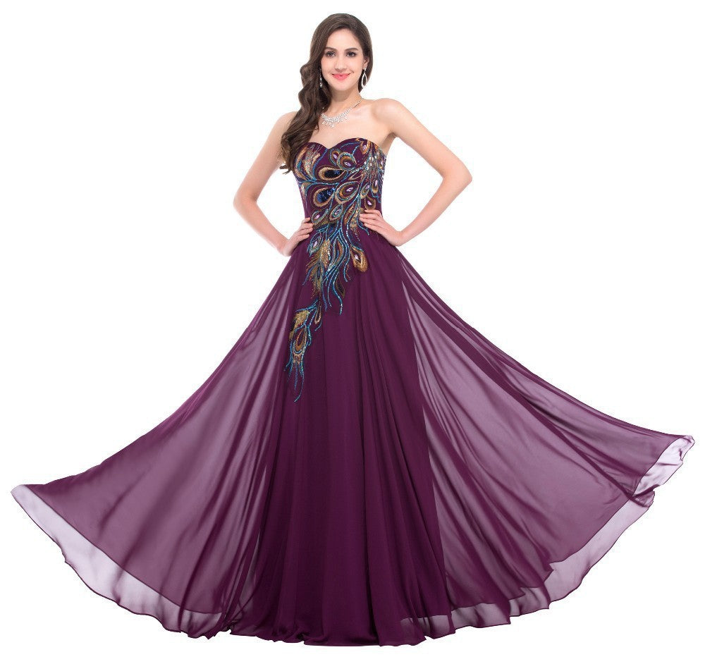 Embroidered Peacock Heart Collar Dress Chiffon - Onouthati