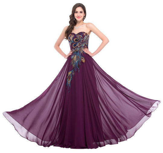 Embroidered Peacock Heart Collar Dress Chiffon - Onouthati