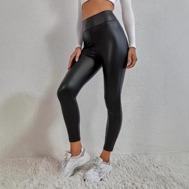 Slim Fit Hip Raise Leather Pants Thin Velvet Outdoor Casual Leggings - Onouthati