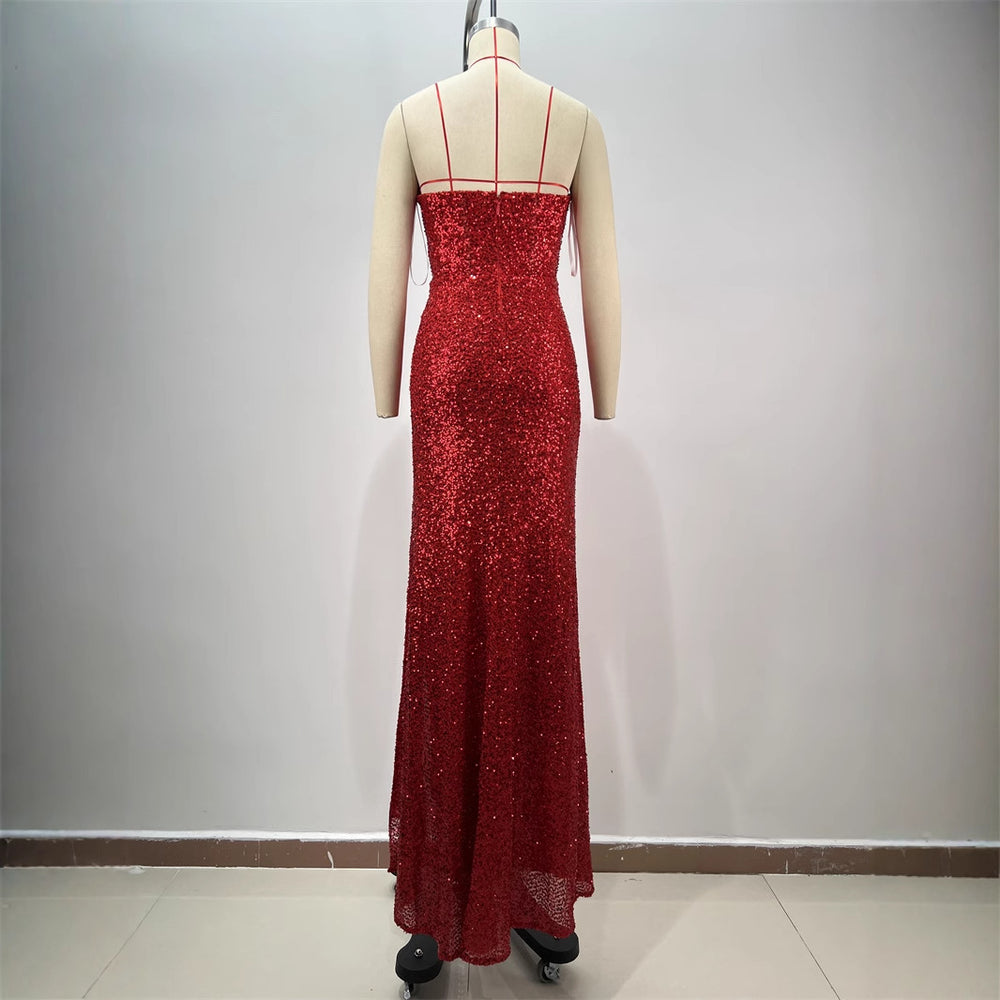 Drop-shaped Diamond Sexy Low-cut High Sitt Red Paillette Tube Coat And Dress - Onouthati
