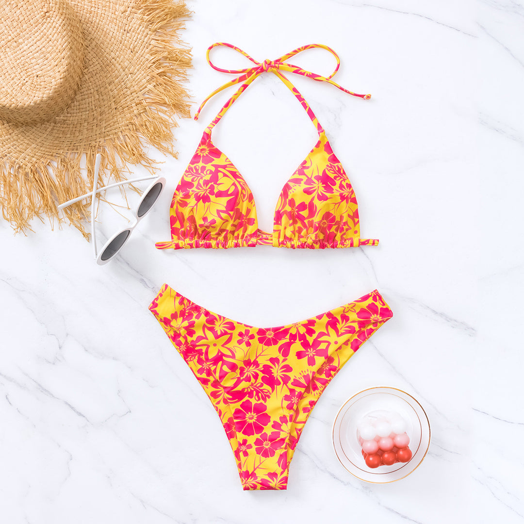 Women's Triangle Cup Printed Lace-up Sexy Bikini Swimsuit - Onouthati