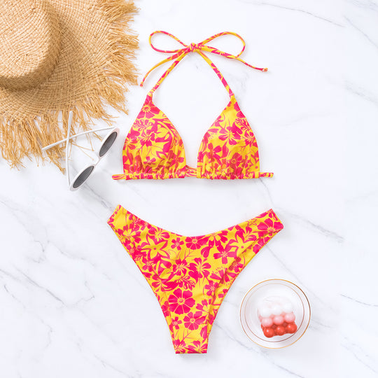 Women's Triangle Cup Printed Lace-up Sexy Bikini Swimsuit - Onouthati