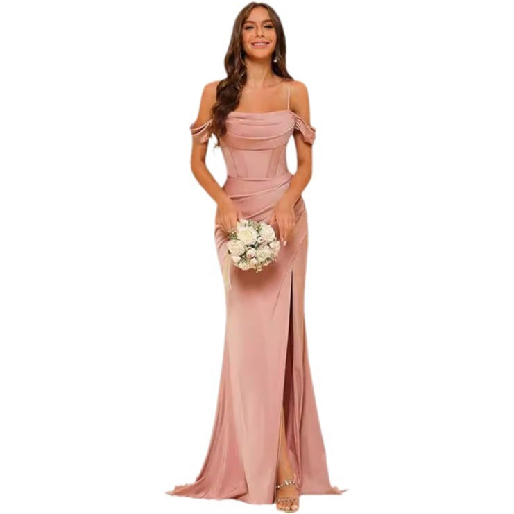 Off-the-shoulder Satin Bridesmaid Corset Ball Gown - Onouthati