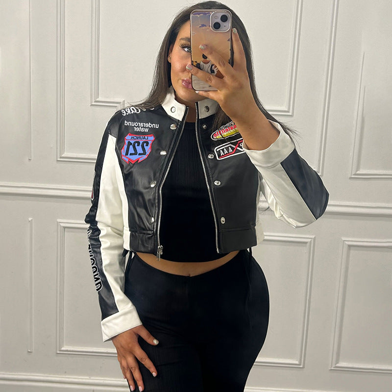 Women's Cropped Printed Long Sleeve Baseball Uniform Coat - Onouthati