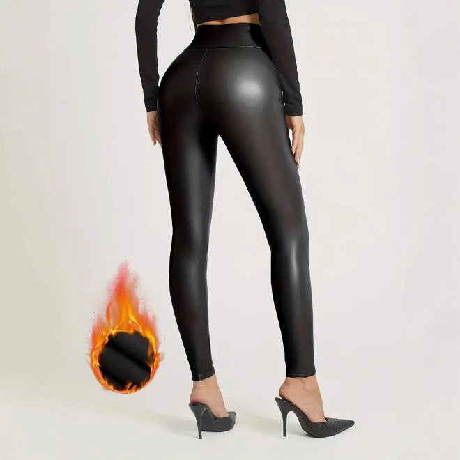 Slim Fit Hip Raise Leather Pants Thin Velvet Outdoor Casual Leggings - Onouthati