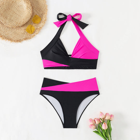 Halter Color Matching High Waist Bikini Split Swimsuit - Onouthati