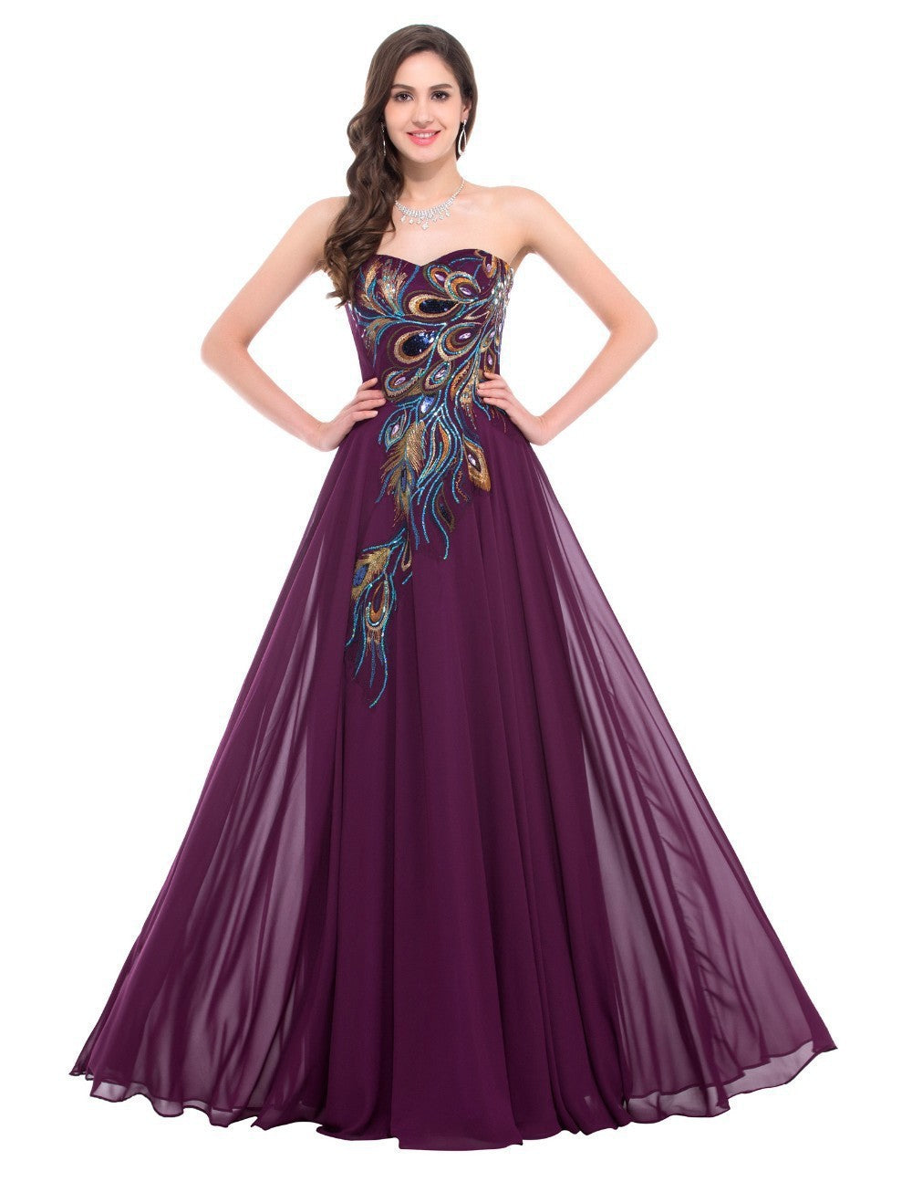 Embroidered Peacock Heart Collar Dress Chiffon - Onouthati