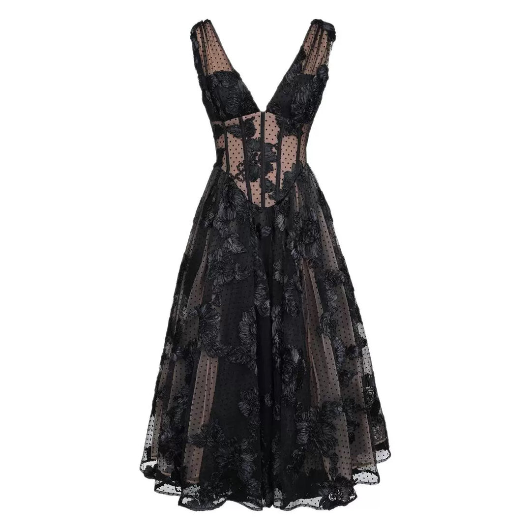 Black Deep V-neck Mesh A- Line High-end Evening Dress - Onouthati