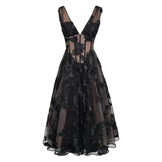 Black Deep V-neck Mesh A- Line High-end Evening Dress - Onouthati