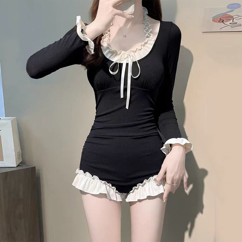 Swimsuit Women's One-piece Long Sleeves French Retro Conservatively Thin - Onouthati