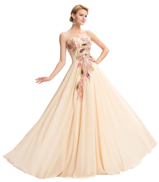Embroidered Peacock Heart Collar Dress Chiffon - Onouthati