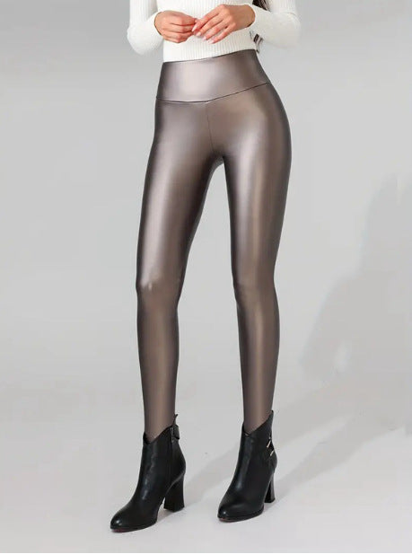 Slim Fit Hip Raise Leather Pants Thin Velvet Outdoor Casual Leggings - Onouthati