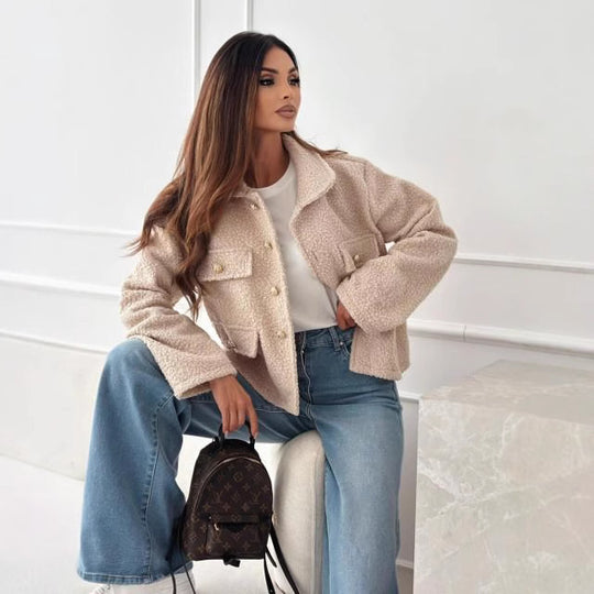 Solid Color Polo Collar Tweed Coat Women - Onouthati