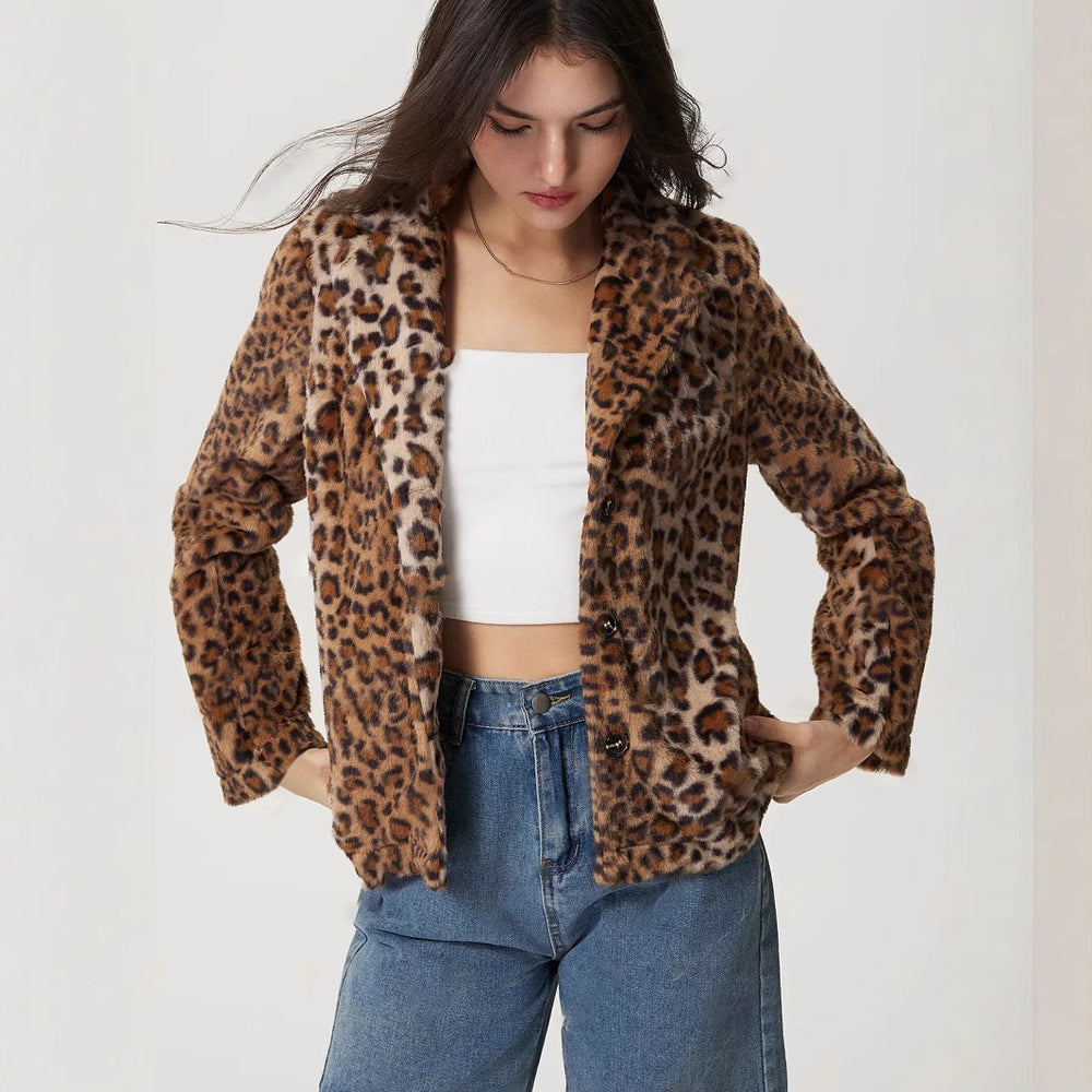 Women's Buckle Lapel Thickening Leopard Print Coat - Onouthati