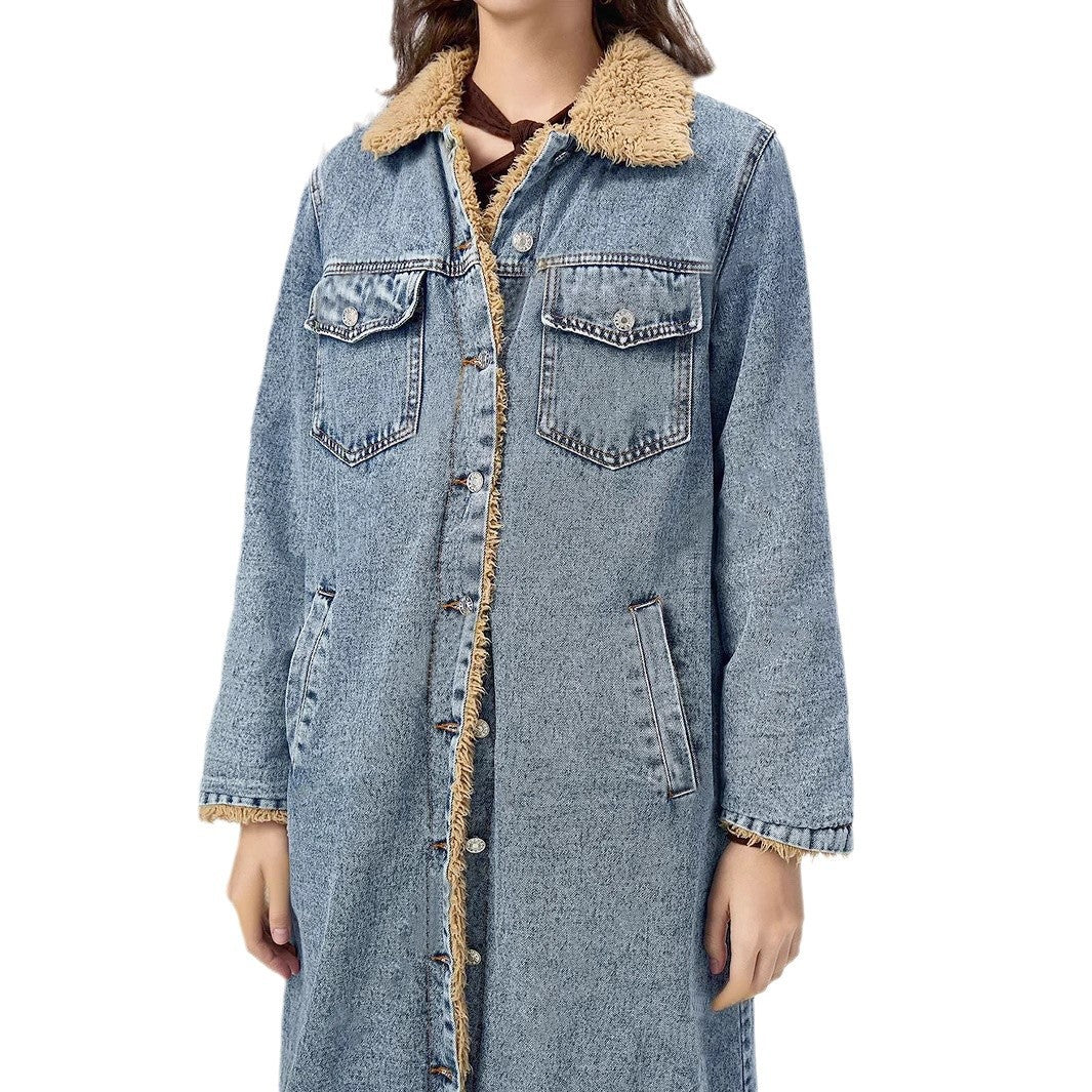 European And American Loose Long Velvet Lining Cotton-padded Coat Denim Coat - Onouthati